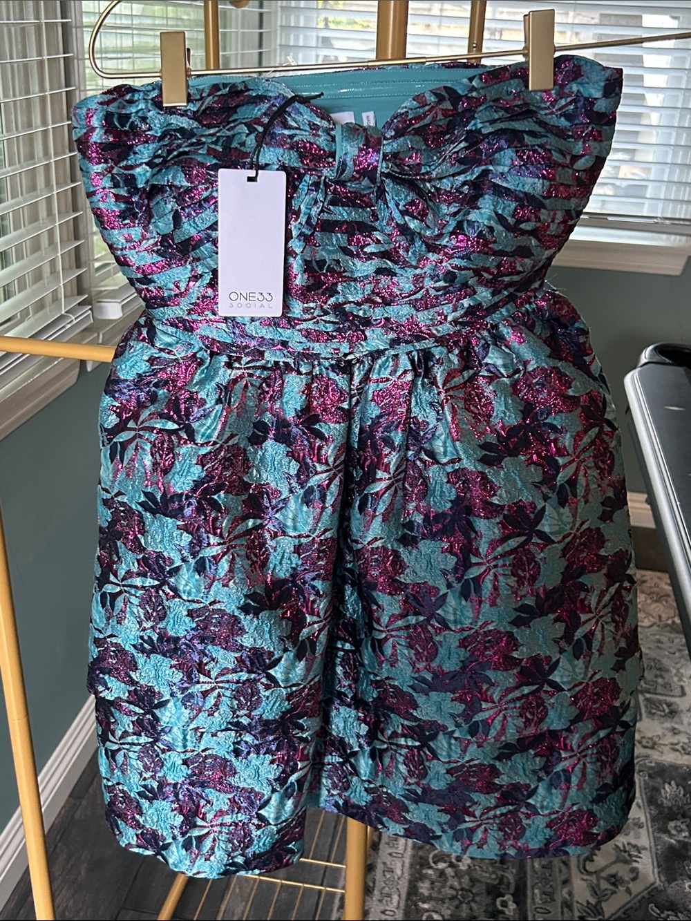 ONE33 Seoul Girls' Teal and Magenta Glitter Floral Strapless Party Dress